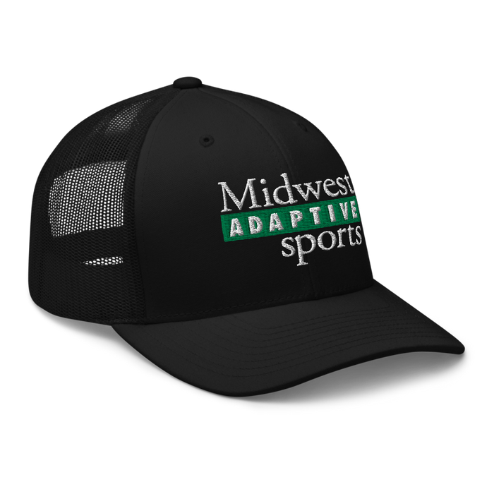 Front right angle of the Midwest Adaptive Sports Logo Black Curved Bill Trucker Snapback against a white background
