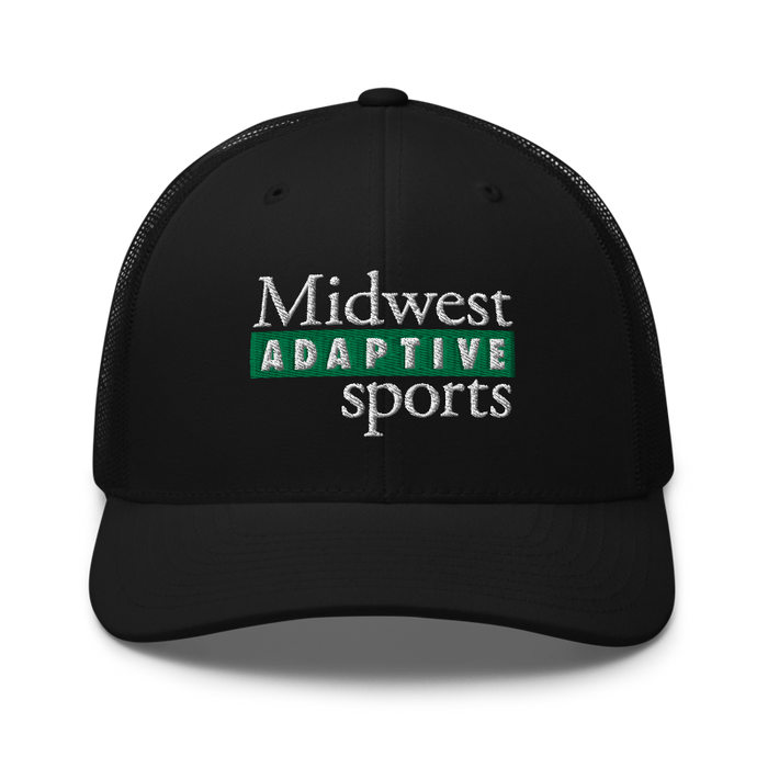 Front angle of the Midwest Adaptive Sports Logo Black Curved Bill Trucker Snapback against a white background