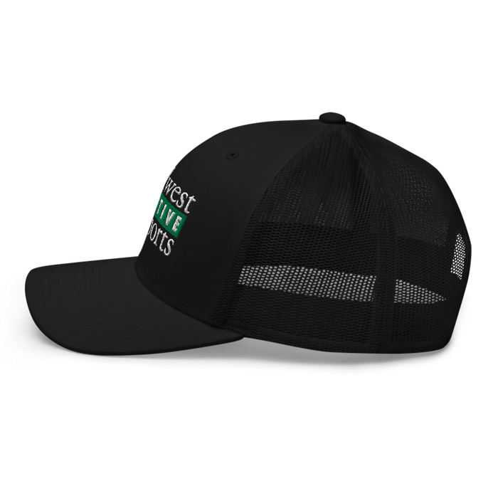 Left angle of the Midwest Adaptive Sports Logo Black Curved Bill Trucker Snapback against a white background