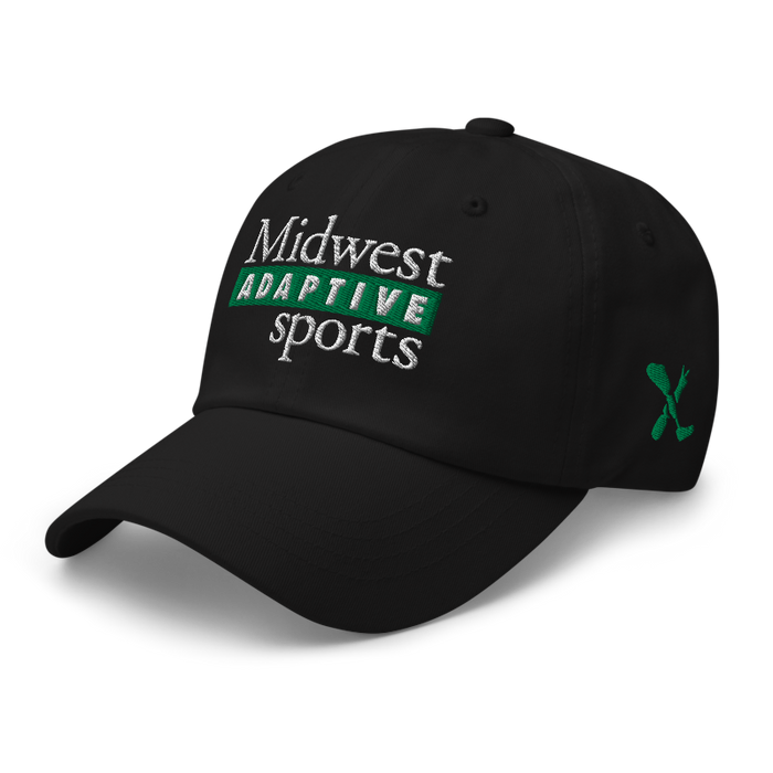 Front left angle of the Midwest Adaptive Sports Logo Black Dad Hat against a white background
