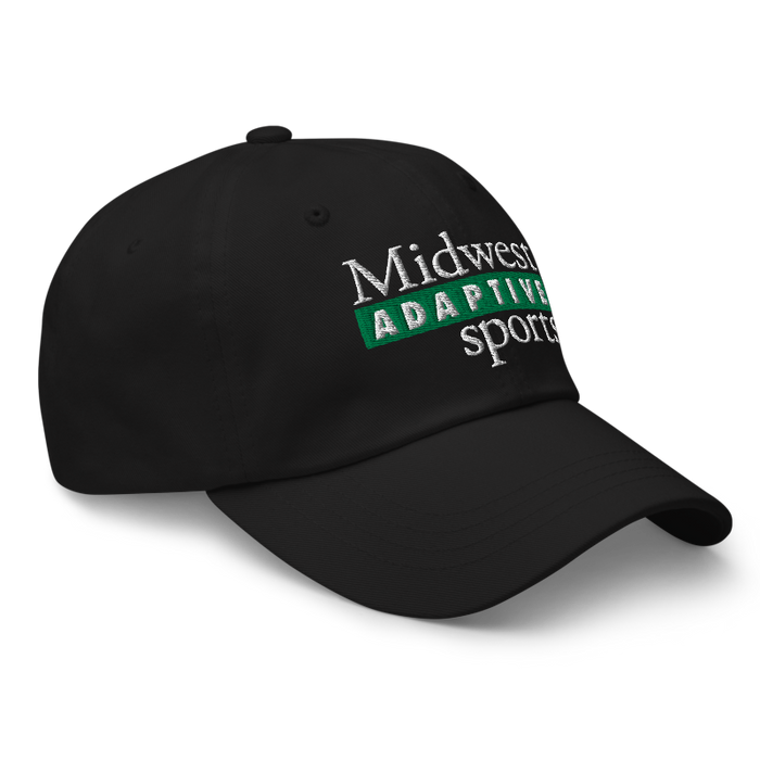 Front right angle of the Midwest Adaptive Sports Logo Black Dad Hat against a white background