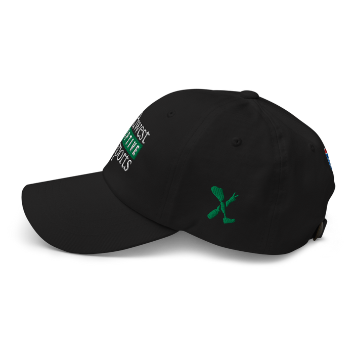 Left angle of the Midwest Adaptive Sports Logo Black Dad Hat against a white background