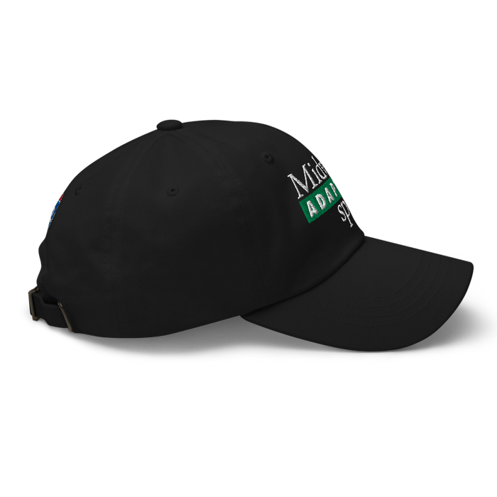 Right angle of the Midwest Adaptive Sports Logo Black Dad Hat against a white background