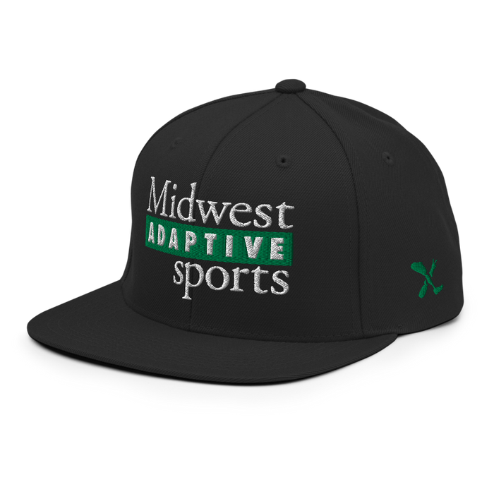 Front left angle of the Midwest Adaptive Sports Logo Black Flat Bill Snapback against a white background