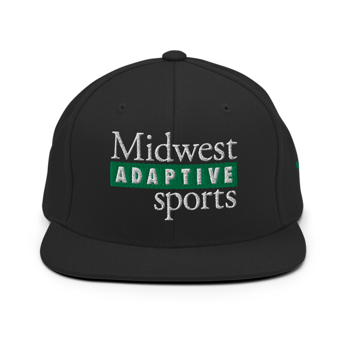 Front angle of the Midwest Adaptive Sports Logo Black Flat Bill Snapback against a white background