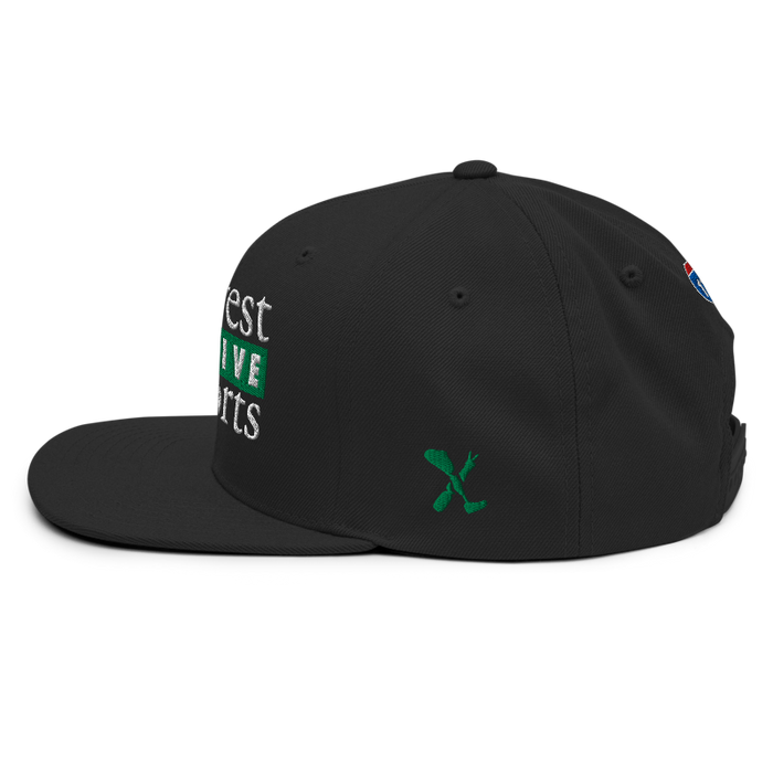 Left angle of the Midwest Adaptive Sports Logo Black Flat Bill Snapback against a white background