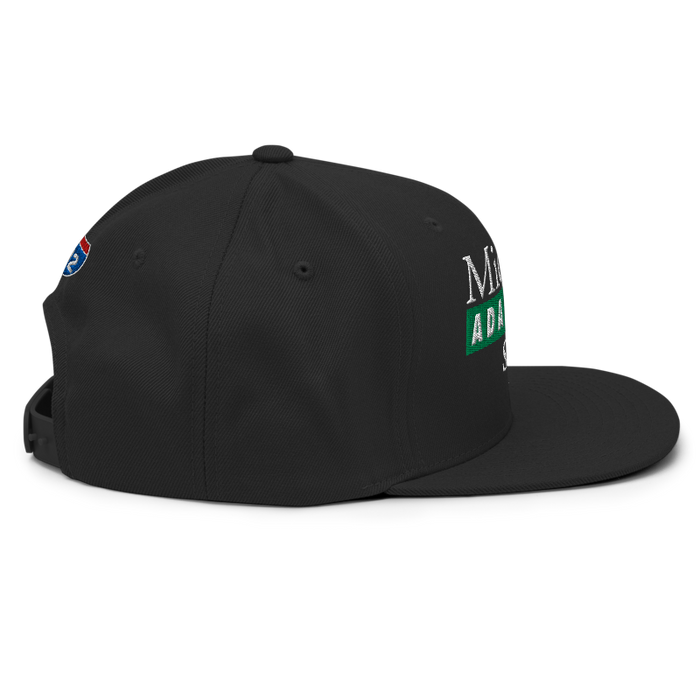 Right angle of the Midwest Adaptive Sports Logo Black Flat Bill Snapback against a white background
