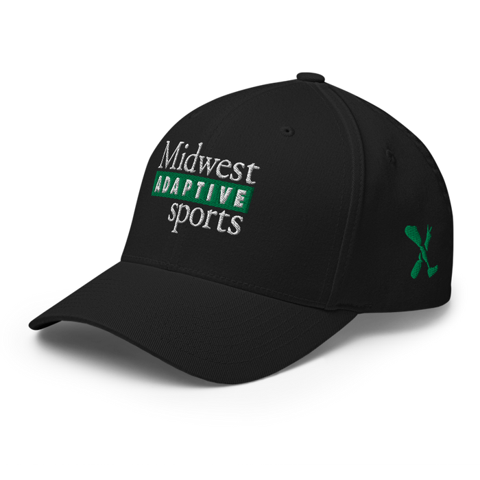 Front left angle of the Midwest Adaptive Sports Logo Black Flexfit Curved Bill Fitted against a white background
