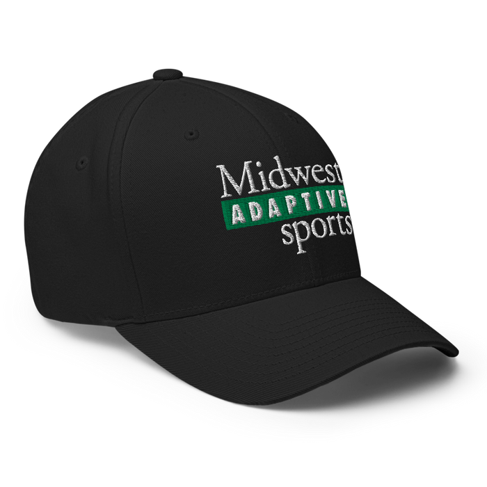 Front right angle of the Midwest Adaptive Sports Logo Black Flexfit Curved Bill Fitted against a white background