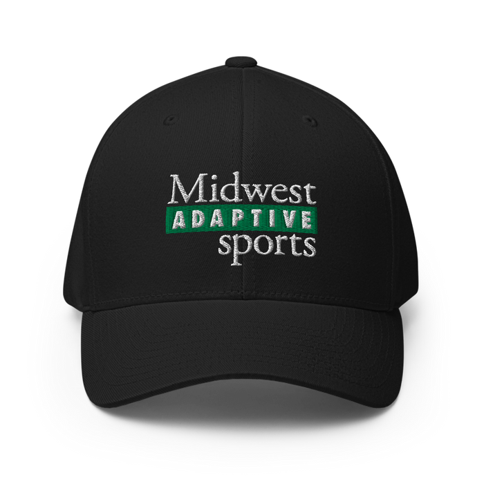 Front angle of the Midwest Adaptive Sports Logo Black Flexfit Curved Bill Fitted against a white background