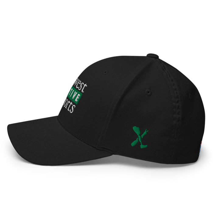 Left angle of the Midwest Adaptive Sports Logo Black Flexfit Curved Bill Fitted against a white background