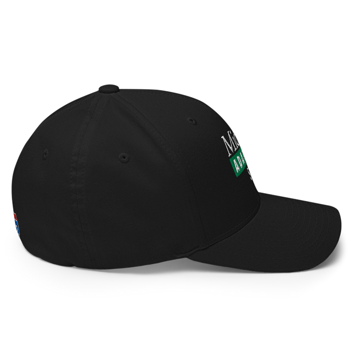 Right angle of the Midwest Adaptive Sports Logo Black Flexfit Curved Bill Fitted against a white background