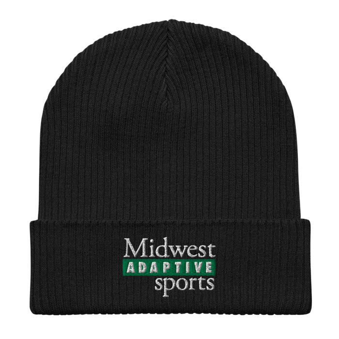 Front angle of the Midwest Adaptive Sports Logo Black Organic Beanie laid flat against a white background
