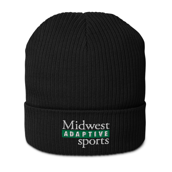 Front angle of the Midwest Adaptive Sports Logo Black Organic Beanie against a white background