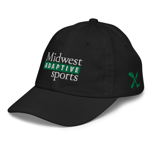 Front left angle of the Midwest Adaptive Sports Logo Black Youth Dad Hat against a white background