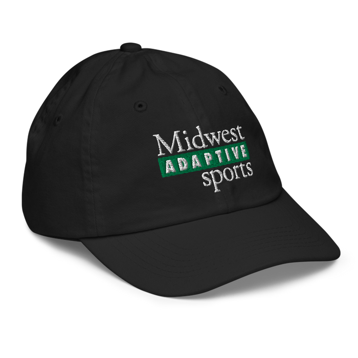Front right angle of the Midwest Adaptive Sports Logo Black Youth Dad Hat against a white background