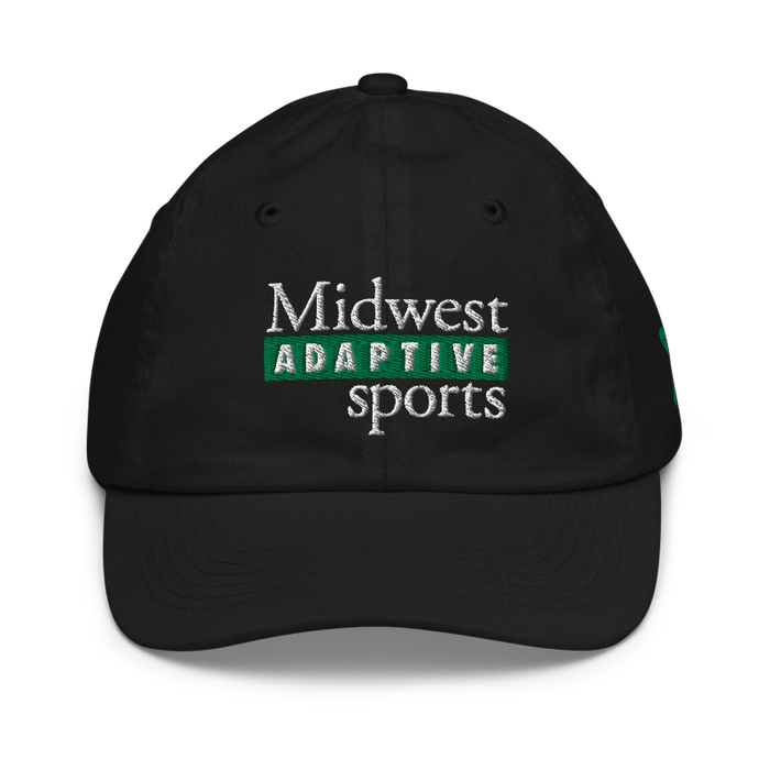 Front angle of the Midwest Adaptive Sports Logo Black Youth Dad Hat against a white background