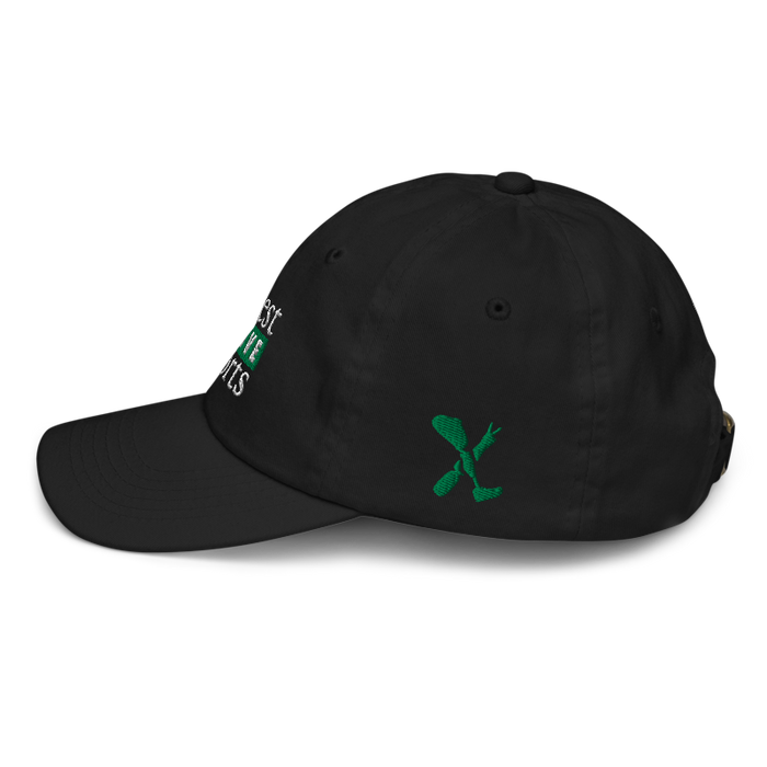 Left angle of the Midwest Adaptive Sports Logo Black Youth Dad Hat against a white background