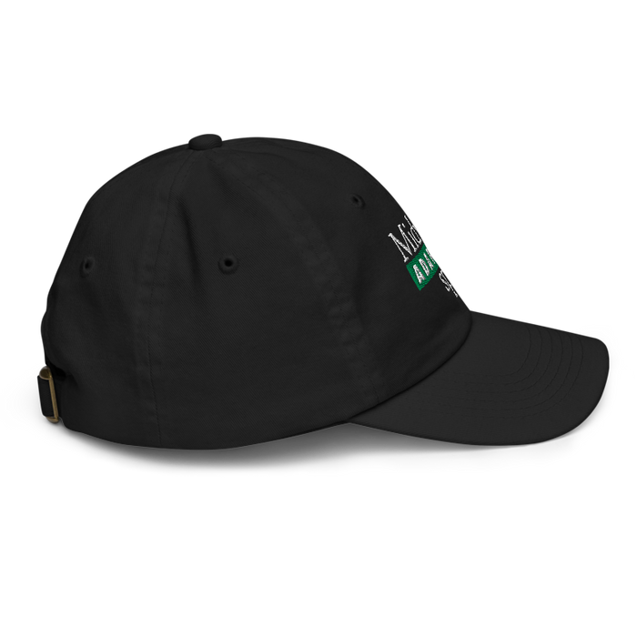 Right angle of the Midwest Adaptive Sports Logo Black Youth Dad Hat against a white background