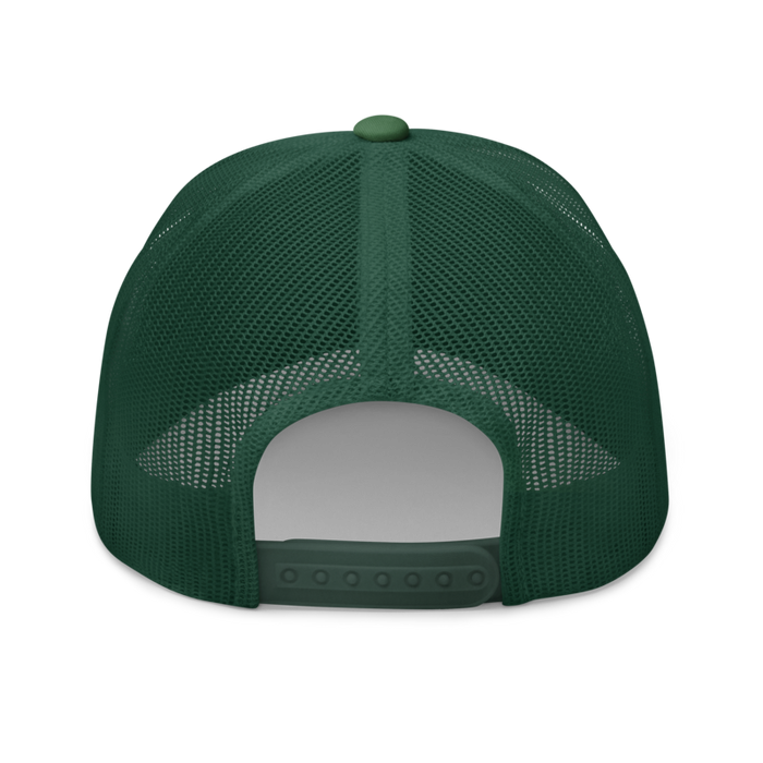 Back angle of the Midwest Adaptive Sports Logo Evergreen Curved Bill Trucker Snapback against a white background