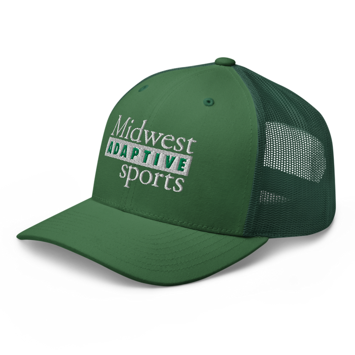 Front left angle of the Midwest Adaptive Sports Logo Evergreen Curved Bill Trucker Snapback against a white background