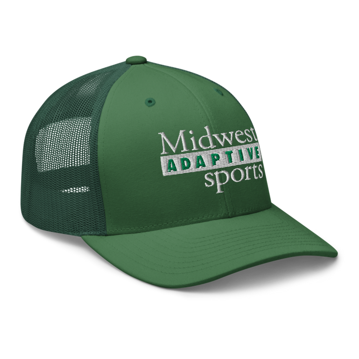 Front right angle of the Midwest Adaptive Sports Logo Evergreen Curved Bill Trucker Snapback against a white background