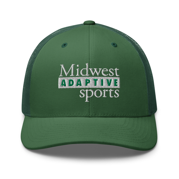 Front angle of the Midwest Adaptive Sports Logo Evergreen Curved Bill Trucker Snapback against a white background