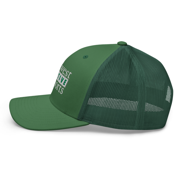 Left angle of the Midwest Adaptive Sports Logo Evergreen Curved Bill Trucker Snapback against a white background