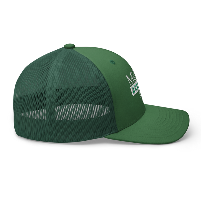 Right angle of the Midwest Adaptive Sports Logo Evergreen Curved Bill Trucker Snapback against a white background