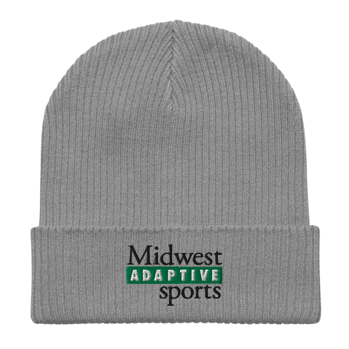 Front angle of the Midwest Adaptive Sports Logo Light Grey Organic Beanie laid flat against a white background