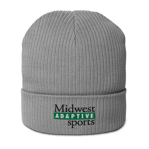 Front angle of the Midwest Adaptive Sports Logo Light Grey Organic Beanie against a white background
