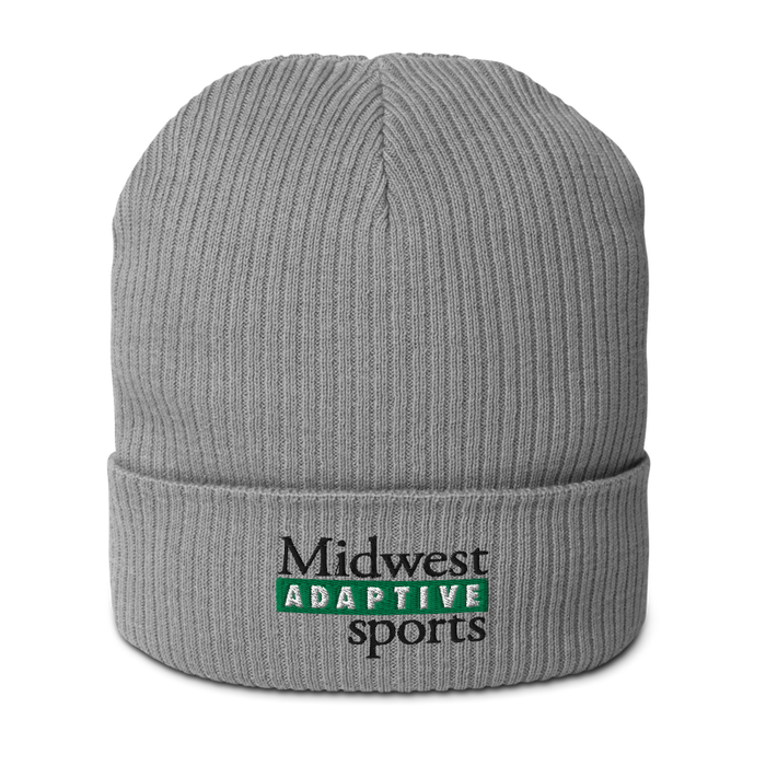 Front angle of the Midwest Adaptive Sports Logo Light Grey Organic Beanie against a white background