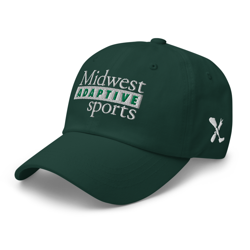 Front left angle of the Midwest Adaptive Sports Logo Spruce Dad Hat against a white background