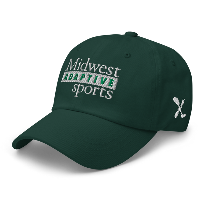 Front left angle of the Midwest Adaptive Sports Logo Spruce Dad Hat against a white background