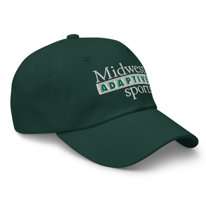 Front right angle of the Midwest Adaptive Sports Logo Spruce Dad Hat against a white background