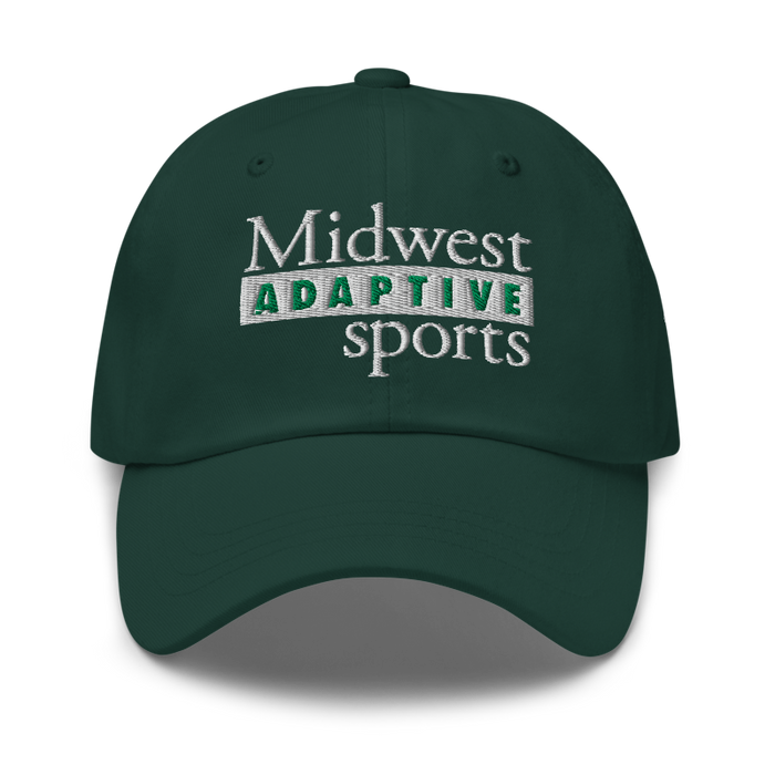 Front angle of the Midwest Adaptive Sports Logo Spruce Dad Hat against a white background
