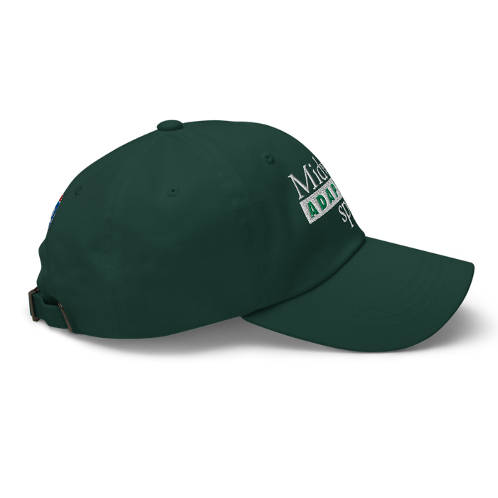 Right angle of the Midwest Adaptive Sports Logo Spruce Dad Hat against a white background