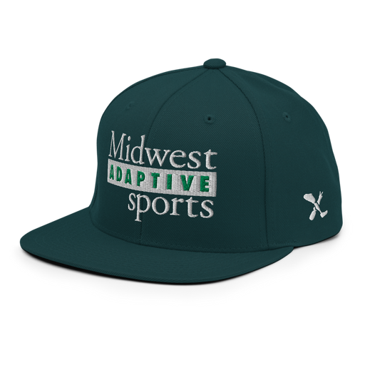 Front left angle of the Midwest Adaptive Sports Logo Spruce Flat Bill Snapback against a white background