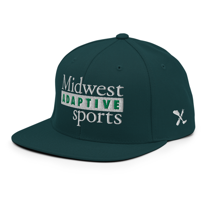 Front left angle of the Midwest Adaptive Sports Logo Spruce Flat Bill Snapback against a white background