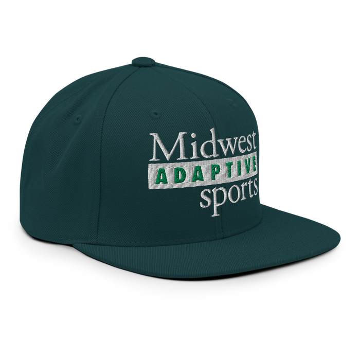 Front right angle of the Midwest Adaptive Sports Logo Spruce Flat Bill Snapback against a white background