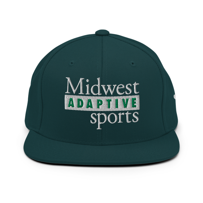 Front angle of the Midwest Adaptive Sports Logo Spruce Flat Bill Snapback against a white background