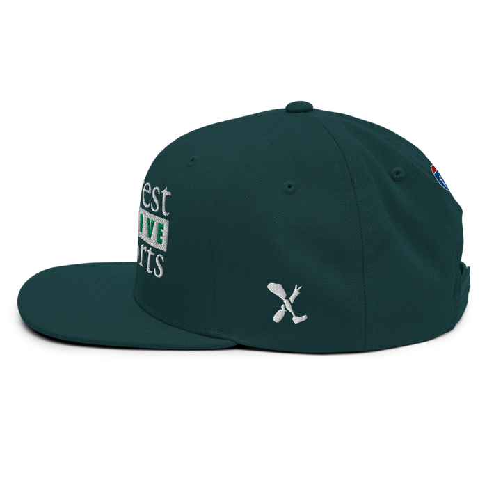Left angle of the Midwest Adaptive Sports Logo Spruce Flat Bill Snapback against a white background