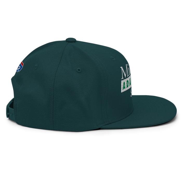 Right angle of the Midwest Adaptive Sports Logo Spruce Flat Bill Snapback against a white background