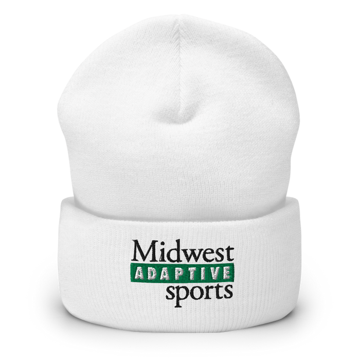 Front angle of the Midwest Adaptive Sports Logo White Beanie against a white background