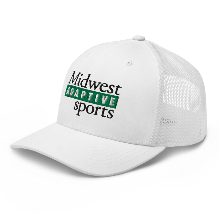 Front left angle of the Midwest Adaptive Sports Logo White Curved Bill Trucker Snapback against a white background