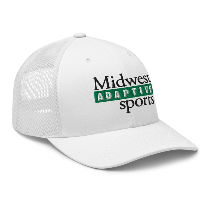 Front right angle of the Midwest Adaptive Sports Logo White Curved Bill Trucker Snapback against a white background