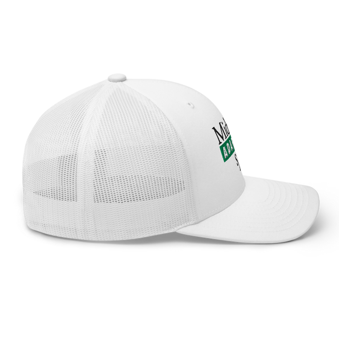 Right angle of the Midwest Adaptive Sports Logo White Curved Bill Trucker Snapback against a white background