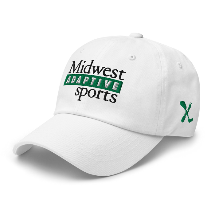 Front left angle of the Midwest Adaptive Sports Logo White Dad Hat against a white background