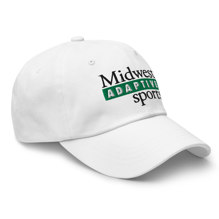Front right angle of the Midwest Adaptive Sports Logo White Dad Hat against a white background
