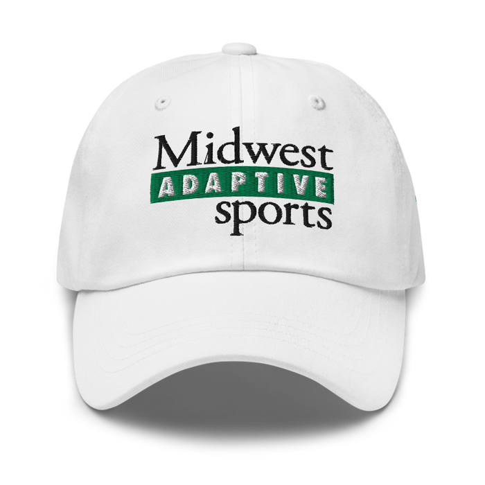 Front angle of the Midwest Adaptive Sports Logo White Dad Hat against a white background